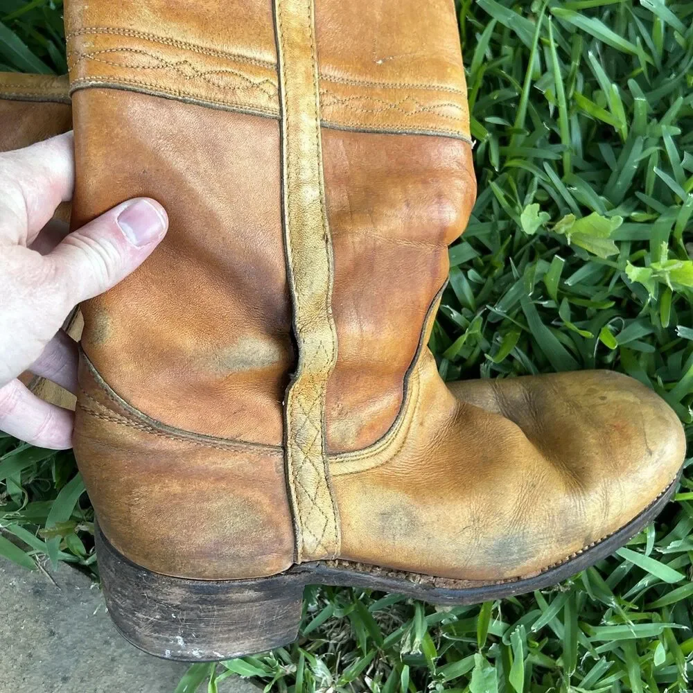 VTG 70s Frye Campus Longhorn 9.5D Black Label Saddle Brown Western Boots As Is